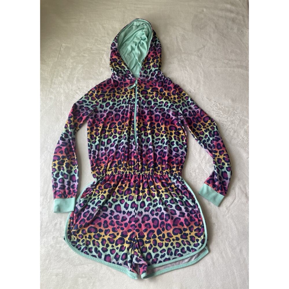 Cat & Jack Girls L 10/12 Rainbow Leopard Soft Fleece Shorts Hooded Romper